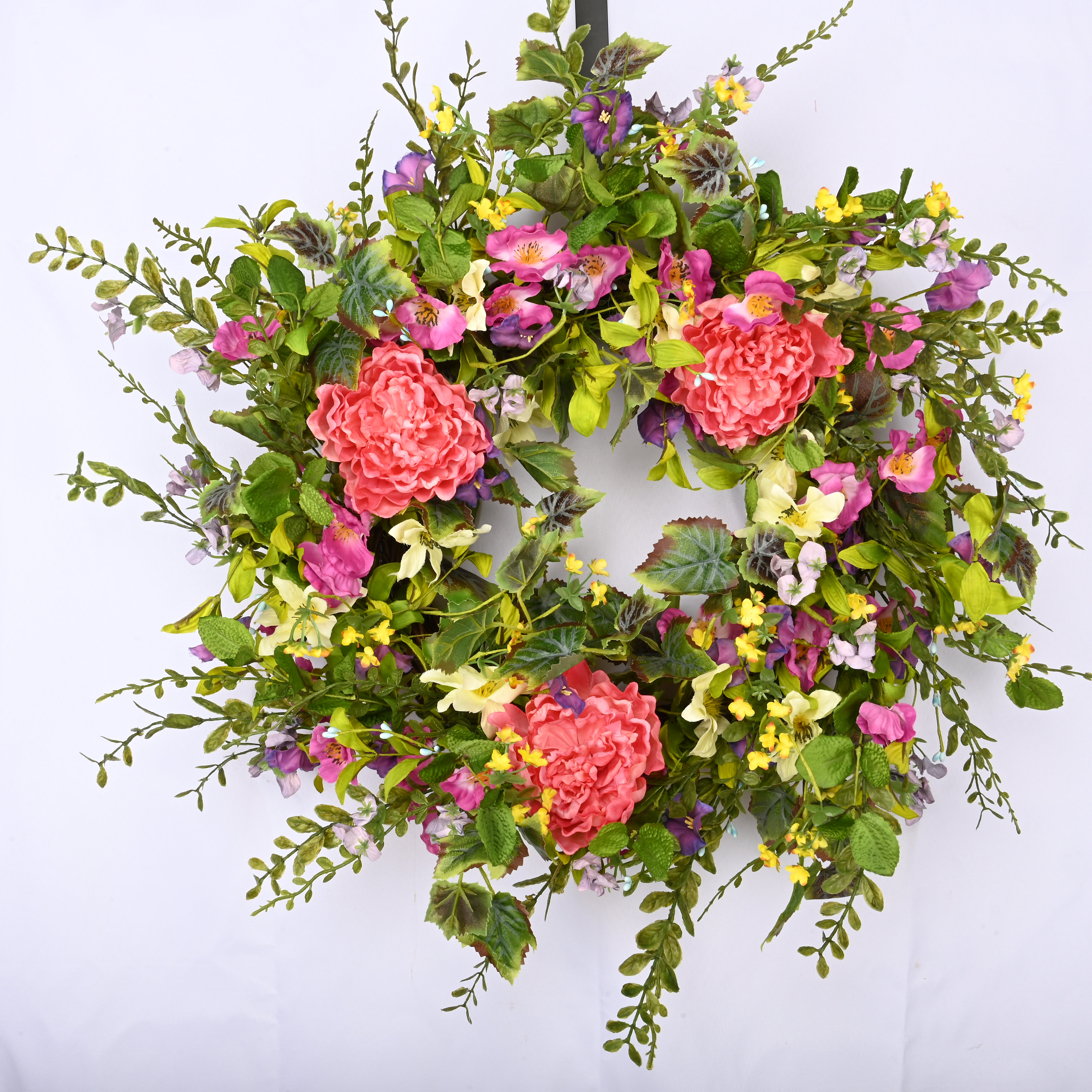 Primrue 26" Handcrafted Faux Peony Morning Glory Silk Wreath for Front Door & Reviews | Wayfair