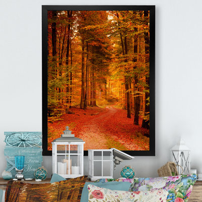 Chemin à travers la forêt d'automne rouge - reproduction d'art sur toile traditionnelle