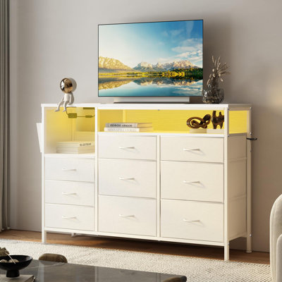 Commode à DEL pour téléviseur de 45, 50, 55 pouces, centre de divertissement avec lumières DEL et station de charge, commode à meuble télé pour chambre à coucher avec 9 tiroirs en tissu et tablettes ouvertes