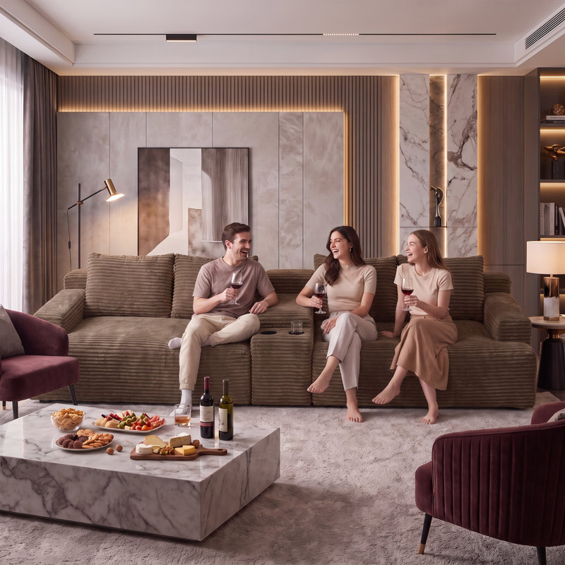Canapé d'angle modulaire en forme de U de 140,6 pouces - Canapé sans structure en velours côtelé brun, parfait pour les salons modernes avec support en mousse à ressorts - Aucun assemblage requis