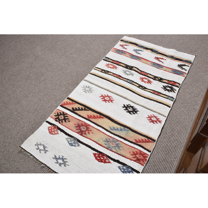 Tapis blanc tissé à la main à motif kilim turc tissé à la main en petit format
