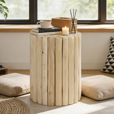 Solid Wood Vertical Slat Cylindrical Natural Finish End Table by East Urban Home