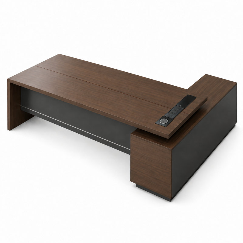Bureau de direction en L de 180 cm avec rangement, retour réversible, finition noyer