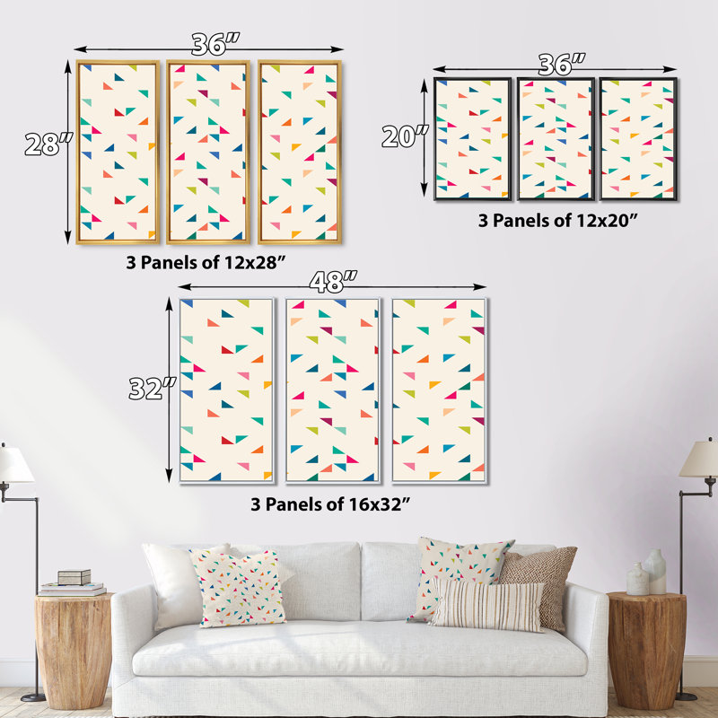 «Abstract Triangular Retro Pattern I», reproduction de cadre photo sur toile 3 pièces, H 32 po x l 48 po x P 1 po, Cadre brun