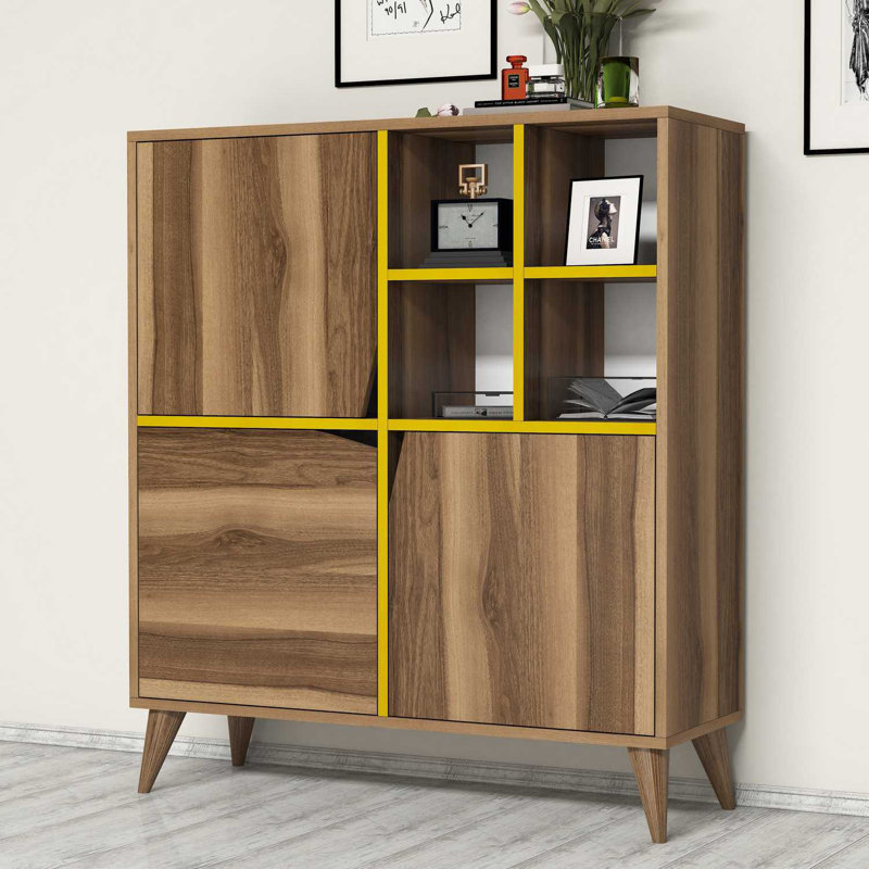 Stylish Multi-Purpose Cabinet, Walnut & Yellow, 39.4 x 45.3 x 11.8 inches | 100% Melamine Coated Particle Board, Thickness: 0.7 inches | Numerous Shelves, Wall-Mountable, Perfect for Modern Home or Office Décor