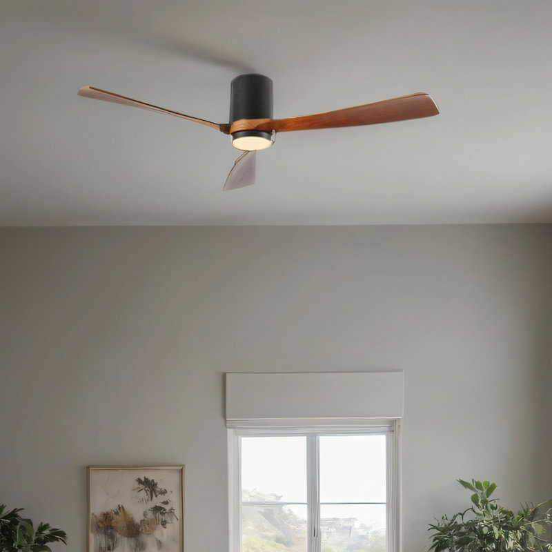 60 pouces Ventilateur de plafond à DEL encastré intérieur / extérieur noir mat avec pales en bois, télécommande CC 6 vitesses