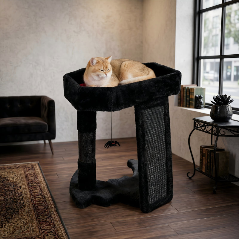Tour à chat gothique avec lit de chat en cercueil pour chats d'intérieur, griffoir d'Halloween effrayant pour chat, poteau à griffes en sisal, jouets araignée pendante, noir avec rouge