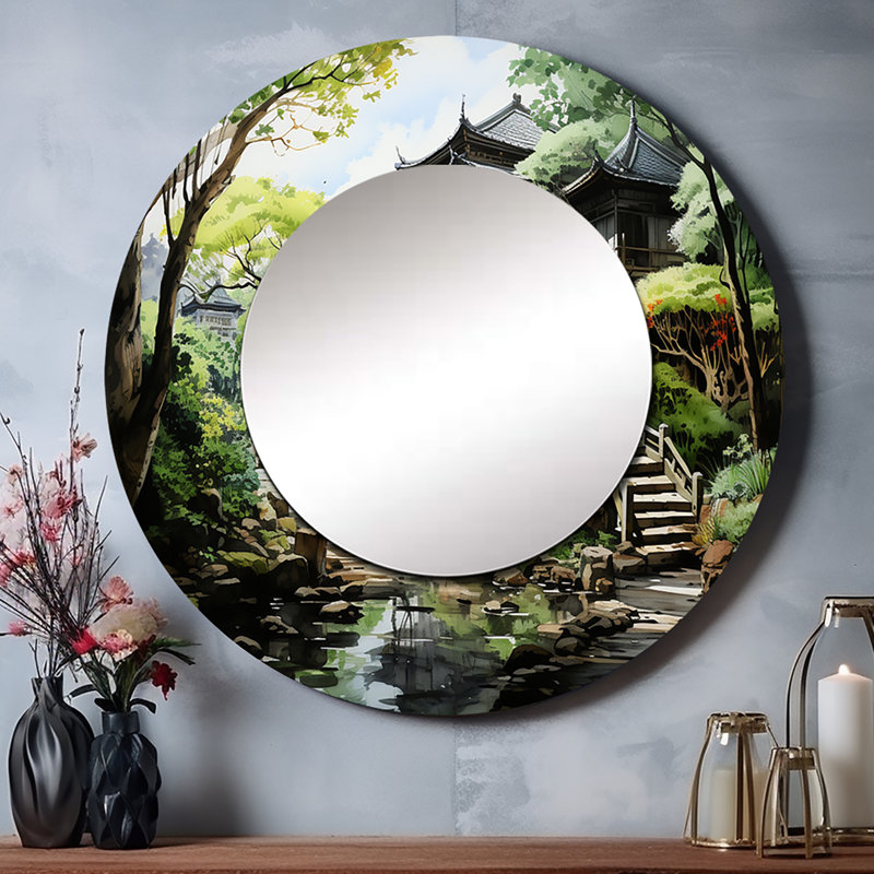 Japon Art Zen Garden Serenity I - Japan Art Large Wall Mirror, Green Round Decorative Mirror, Printed Metal Art, 29" x 29"
