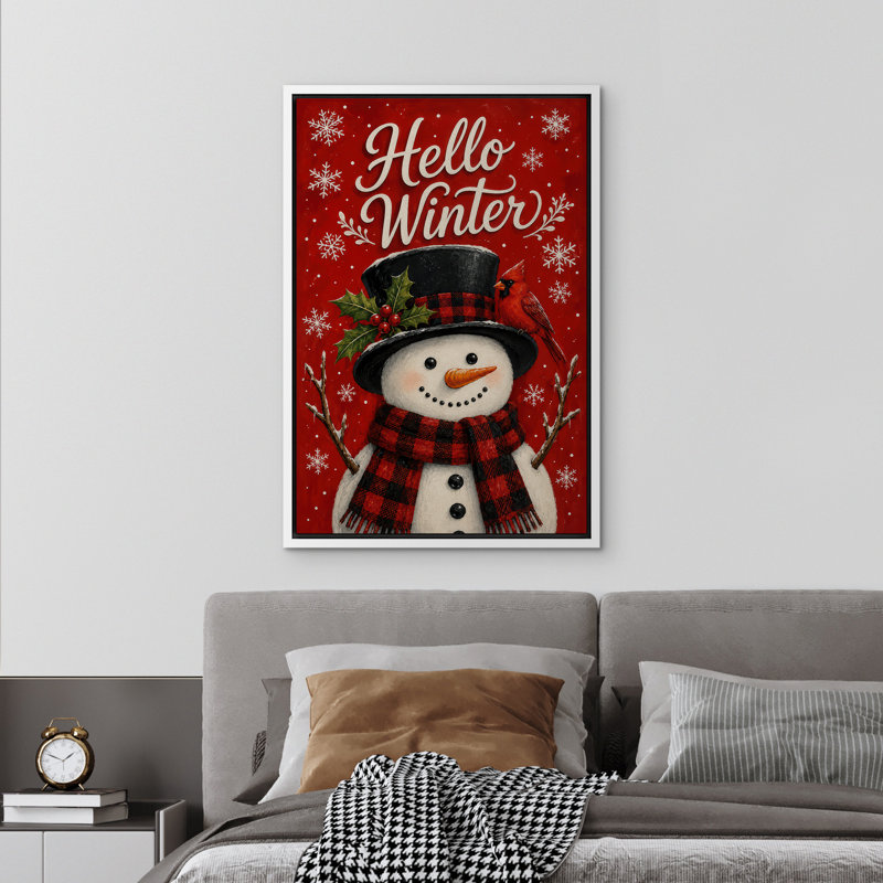 «Hello Winter Snowman and Red Cardinal Holiday Decor», reproduction d'art sur toile encadrée, 36" H x 24" W x 1.5" D, White
