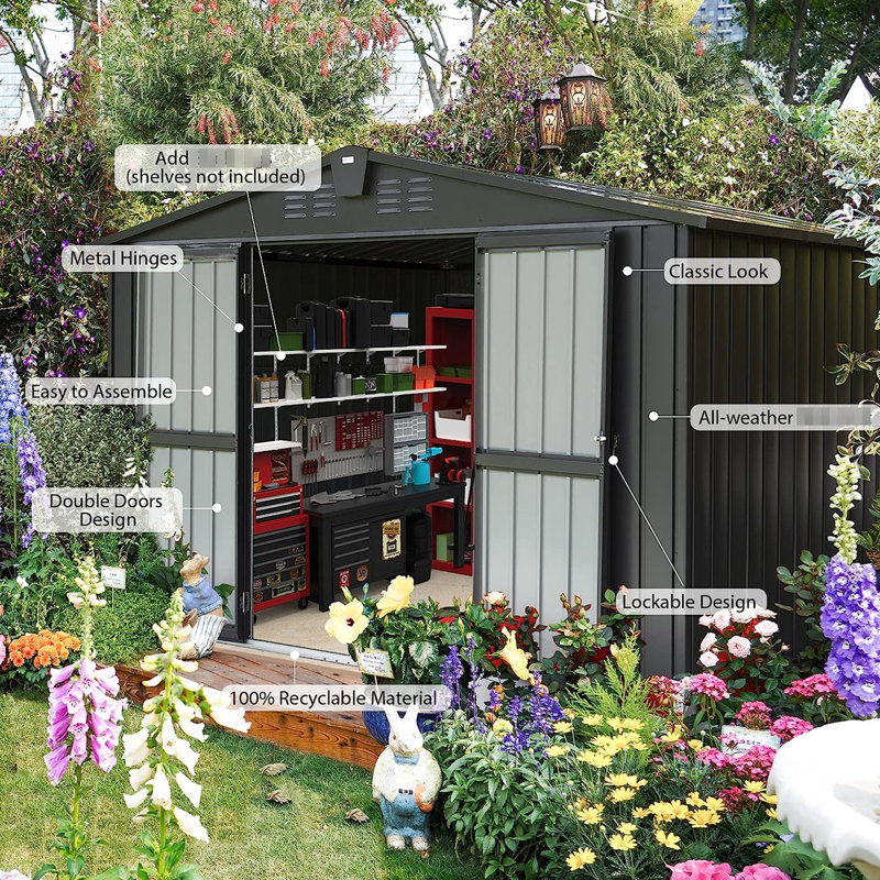 Remise de jardin en acier galvanisé 10 pi x 8 pi, rangement massif. 450 pieds cubes Pour atelier, vélos. Antirouille, résistant à la rouille, verrouillable, ventilé. Élégante cour, pelouse et patio. Remise de rangement noire 10x8, acier.