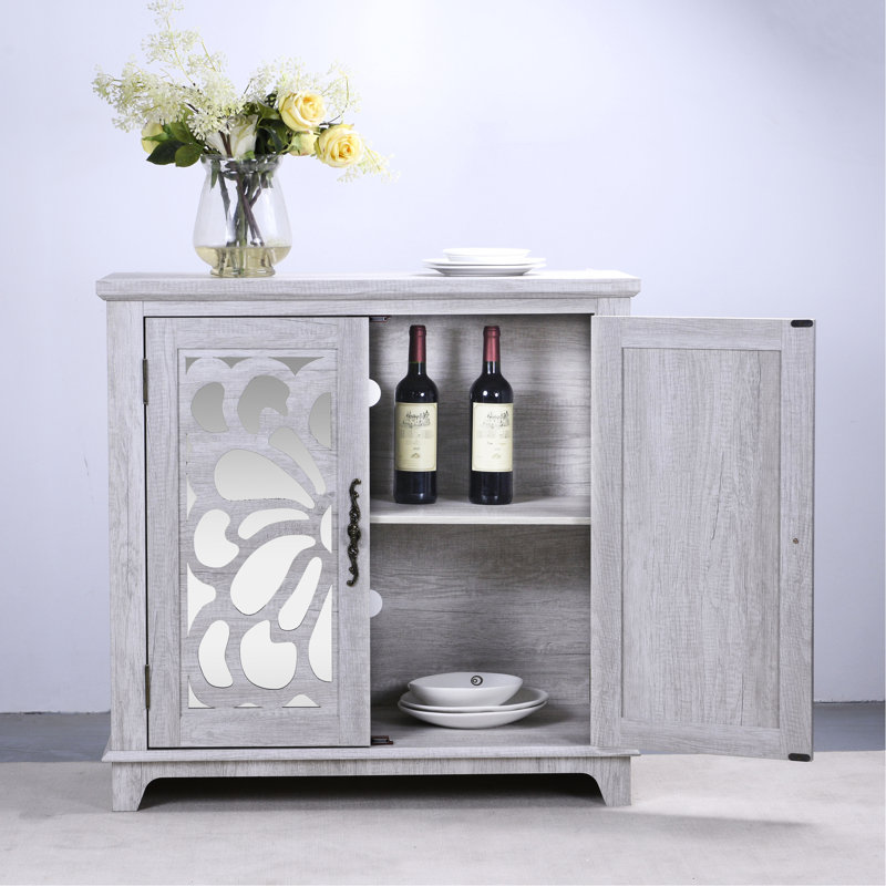 Buffet gris élégant avec portes miroir décoratives, motifs papillon, aspect bois 3D, montage facile, idéal pour la décoration intérieure et comme buffet, étagère réglable, polyvalent et parfait pour la cuisine.
