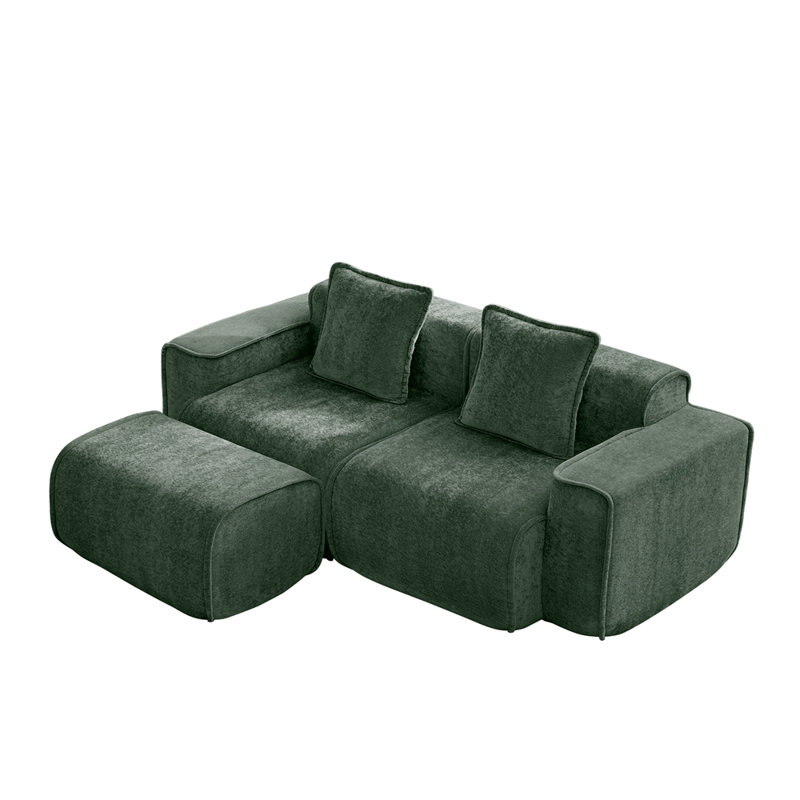 Canapé modulaire en L à 2 places avec passepoil à bordure française, sans assemblage requis, canapé à 2 places avec coussins décoratifs et 1 repose-pieds mobile, tissu de velours