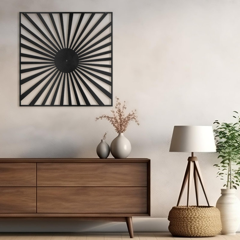 Sun Rays Burst, Black Gold Metal Wall Accent, Minimalist Modern Contemporary Home Decor, Black, 18" H x 18" W x 0.05" D