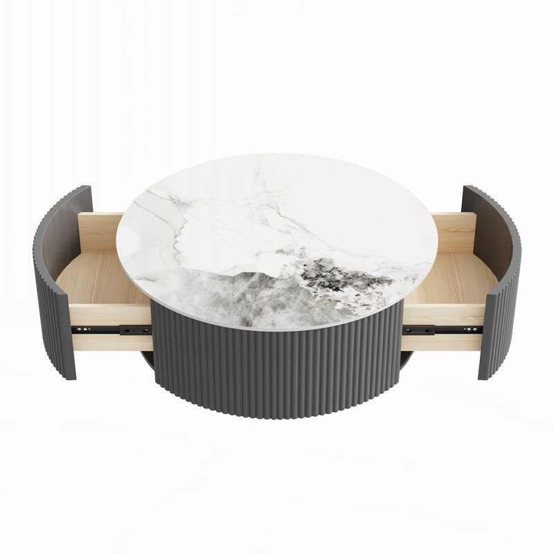 Table basse ronde moderne mobile avec roulettes, 2 tiroirs, White / Grey