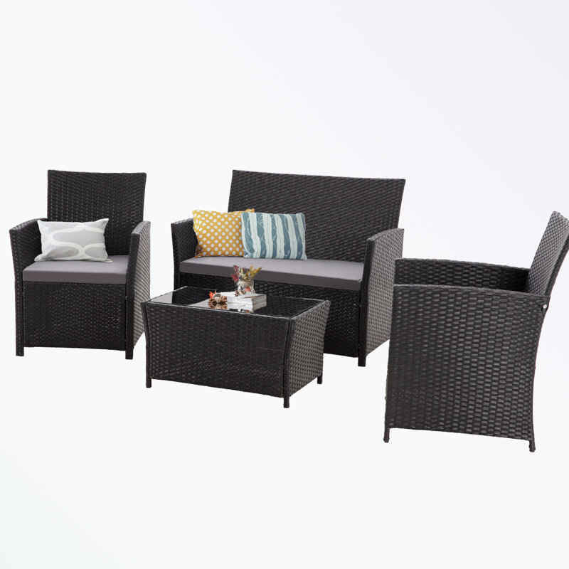 Ensemble de patio 4 pièces en osier avec coussins moelleux et table basse, Gris, Noir