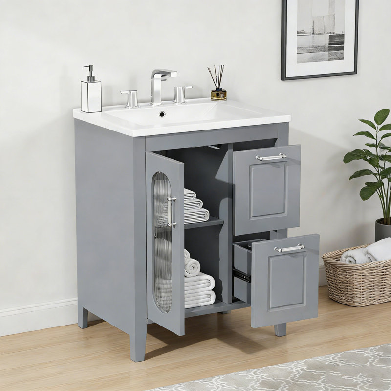 Bathroom Vanity with Sink, Two Drawers and  Adjustable Shelf, Gray