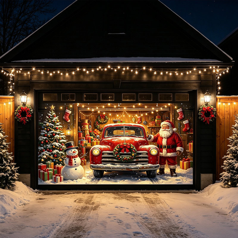 Bannière de porte de garage de Noël de 4,88 m x 2,13 m, camion rouge vintage, décor extérieur pour garage double