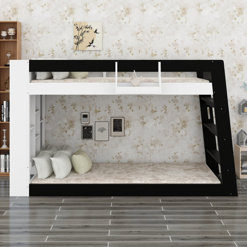 Lit superposé avec étagères de rangement et panier de sécurité pour un montage facile, White+Black