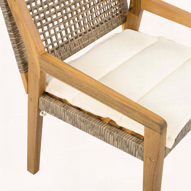 Ensemble de 4 chaises d'extérieur avec coussin en bois d'acacia, osier et crème