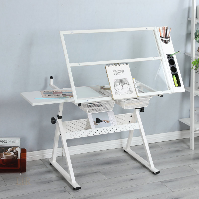 38.5"x 23.6" Tempered Glass Drafting Table, White