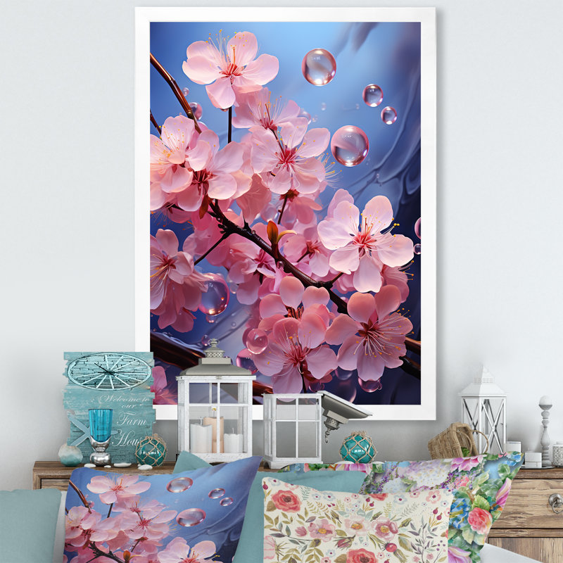 Fleur de cerisier rose, joyau de jardin IV - art mural cerisier en fleurs, Cadre simple blanc, H 44 po x l 34 po x P 1,5 po