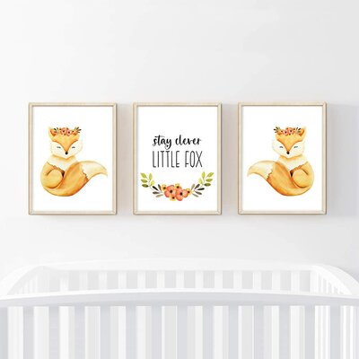 Cresthaven Floral Roses Stay Clever Little Fox 3-Piece Set Paper Print -  Harriet Bee, 5BD8FCDBEB284B238C07B69FB588557C