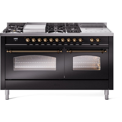 Cuisinière ILVE Nostalgie II Série 60 po à double combustible avec 7 brûleurs scellés, plaque de cuisson, table française (propane liquide, porte vitrée)