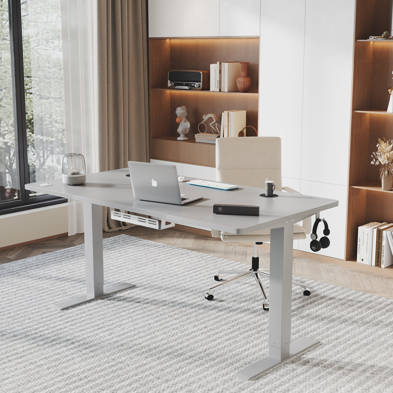 Hieronymus Electric Adjustable T-Shape Standing Desk Home Desk With Backpack Hook And Memory Smart Pannel, Grey