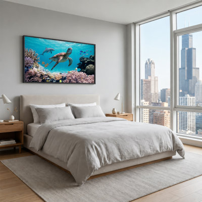 Sea Turtle and Dolphin Swimming Near Colorful Coral Reef Canvas Wall Art