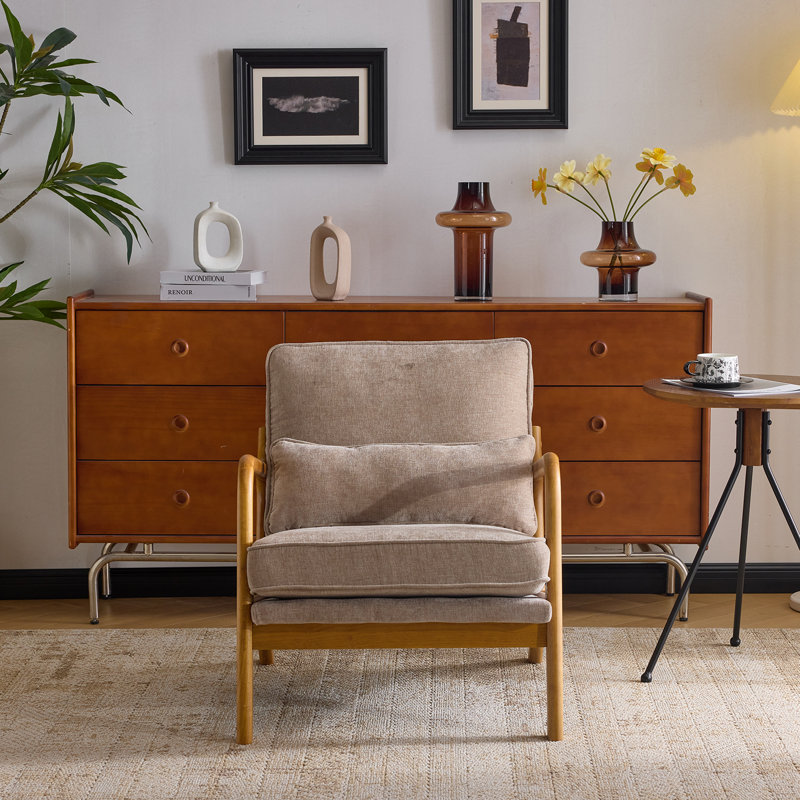 Mid Century Solid Wood Accent Chair Chenille Armchair, Khaki