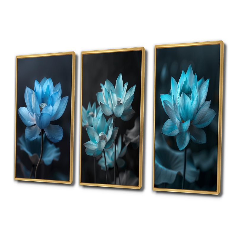Bleu bleu, lotus rayonnants I - Collection d'art mural Lotus, H 32 po x l 48 po, Impression encadrée flottante, Doré