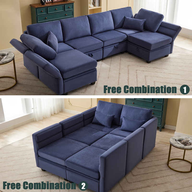 U-shaped Modular Reclining Sectional Sofa with Storage Seats & Adjustable Armrest, Backerest, Navy Polyester Blend