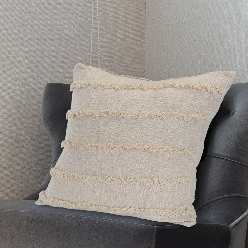 Beige Over-Tufted Fringed 20" Square Throw Pillow