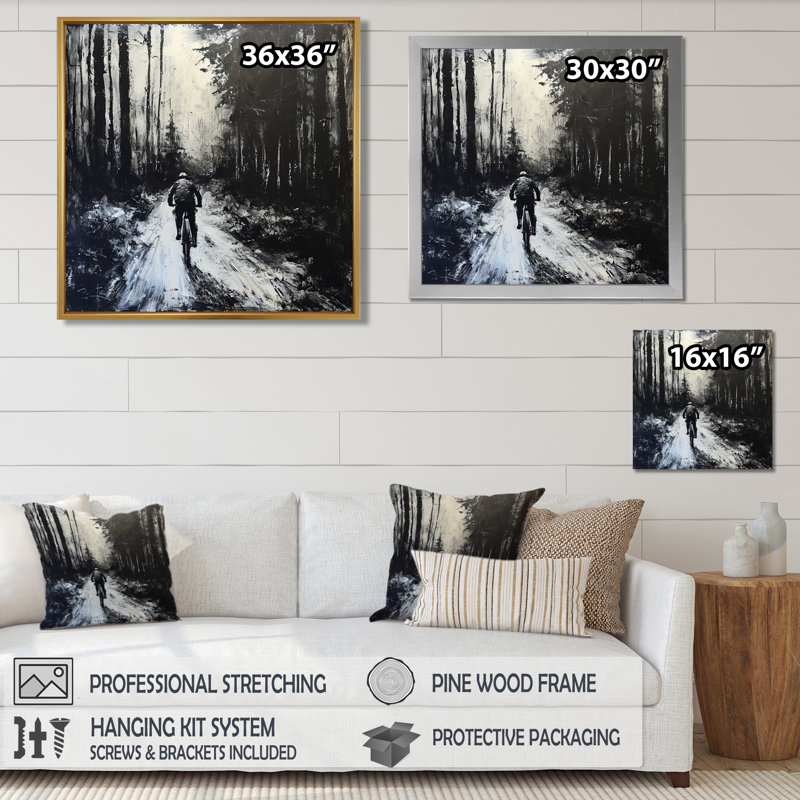 «Biking In The Winter Woods» - Décoration murale vélo, Toile tendue, H 16 po x l 16 po x P 1 po