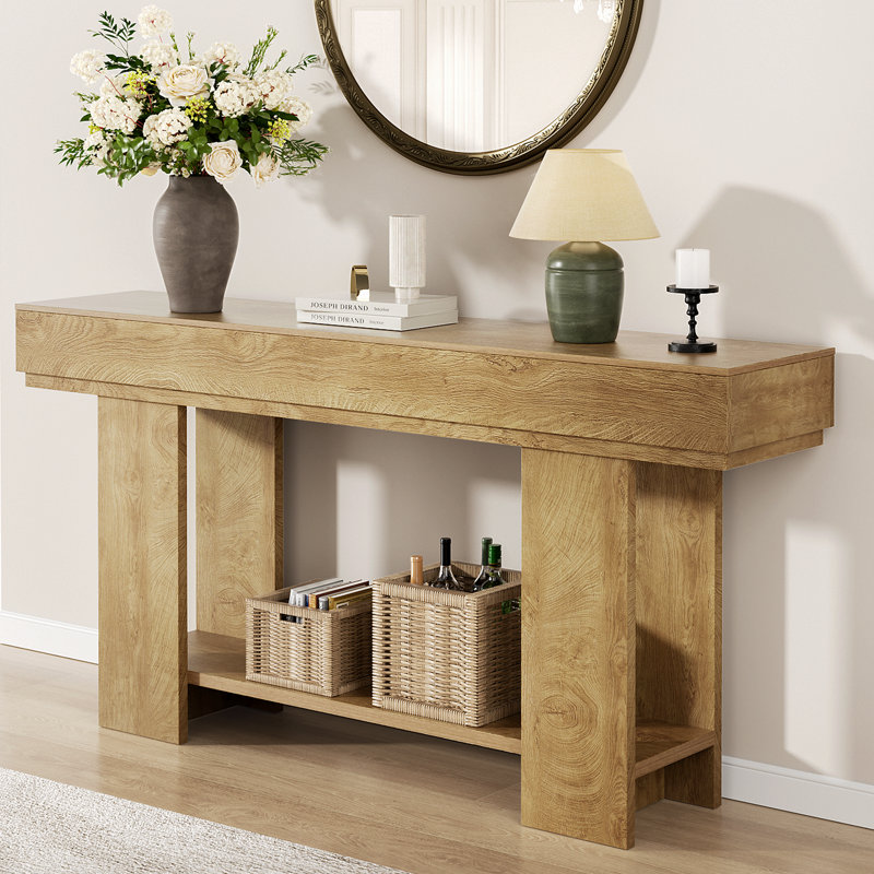 63 Inch Long Console Table For Entryway, Farmhouse Wood Entryway Table For Hallway, Foyer, Living Room, Home Decor, Sturdy Sofa Table With 2-Tier Storage Shelf