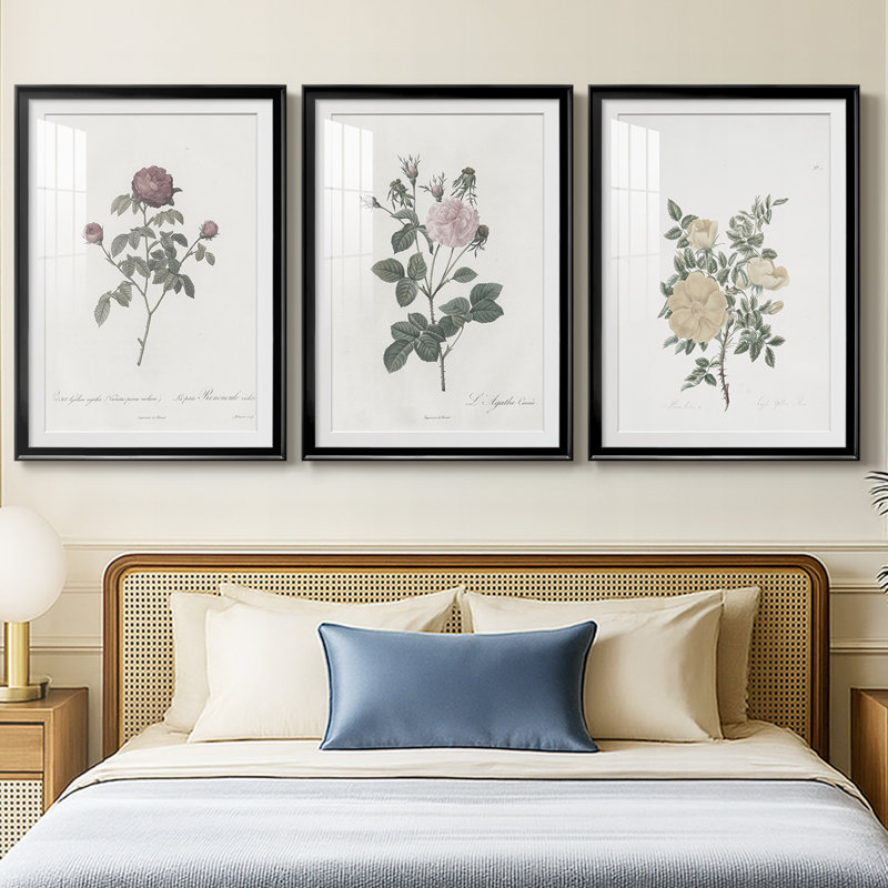Imprimé floral rétro CXLIV - impression encadrée sur mesure de qualité supérieure - 3 pièces, H 19 po x l 27 po, Noir
