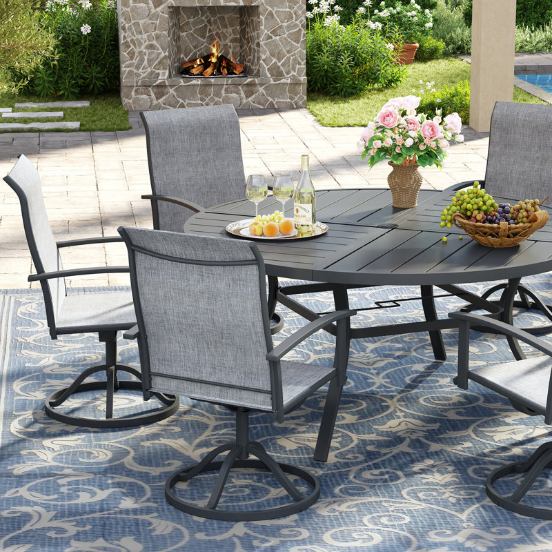 Ensemble de salle à manger de patio 7 pièces 7 pièces avec chaises pivotantes en textilène, Gris