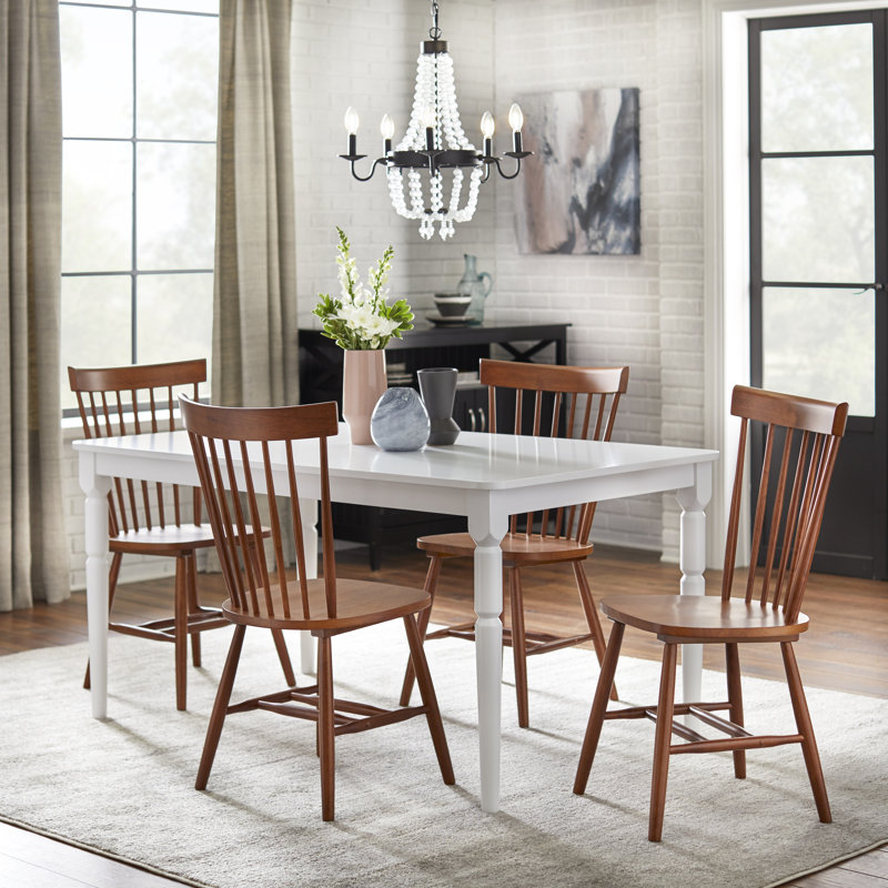 Toccoa Solid Wood Dining Set, White Table with Brown  Chairs, 5 Pieces: 1 Table, 4 Chairs