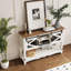 Table d'entrée de ferme avec rangement, console blanche avec portes de grange coulissantes, table de canapé avec armoire, console d'entrée et de salon
