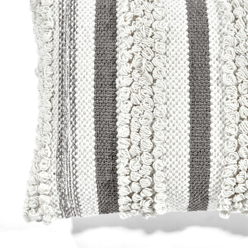Gray and White Cotton Embroidered Rectangular Throw Pillow
