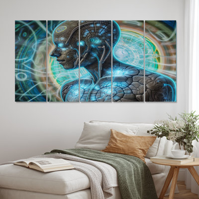 Future Telepathy Turquoise Cybog - Robot Wall Decor - 5 Equal Panels