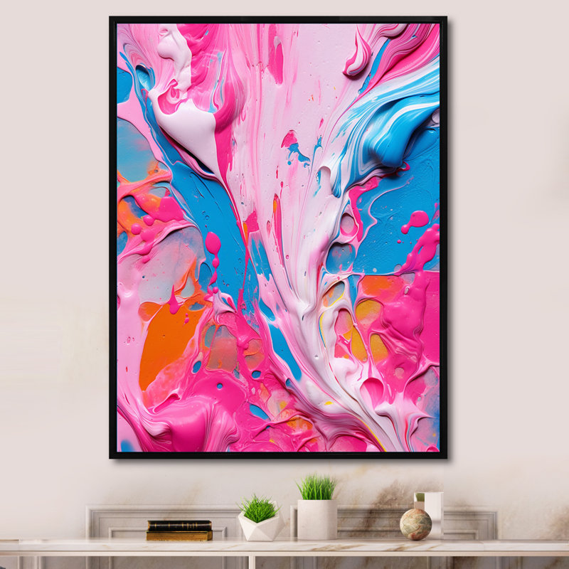 Art liquide rose et bleu II sur toile, Cadre flottant noir, H 44 po x l 34 po x P 1,5 po