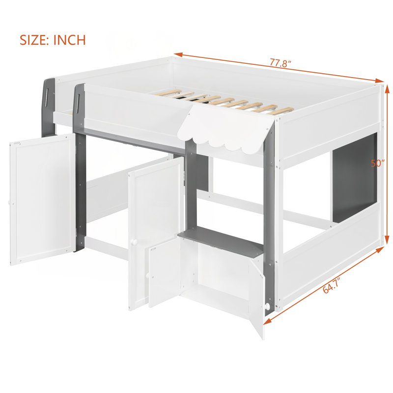 Lit mezzanine avec maisonnette et rangement, lit en bois moderne, Blanc / Gris