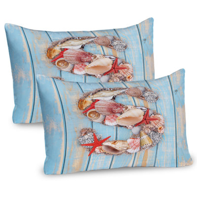 Ambesonne Letter S Pillow Sham 2 Pack S Seashells Nautical 26""x20"" Dark Coral Pale Blue -  pil-2_44488_26x20