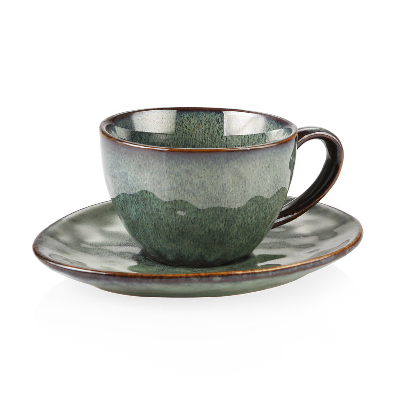 Stoneware Cappuccino Cup and Saucer, Forest Green