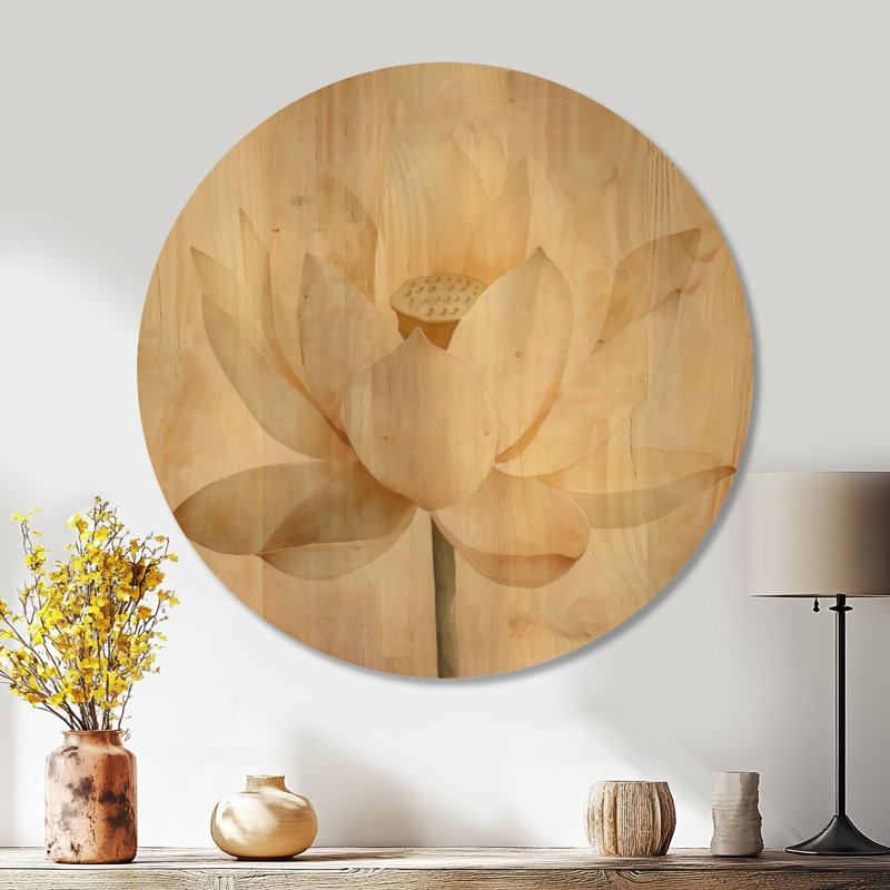 Décoration murale florale en bois Minimal Lotus Bloom - Beige, Rond 23 po, Rond