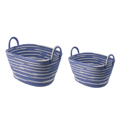 Benny Oval Baskets Set Of 2, Striped Pattern, Blue-White Cotton 20 18 Inch