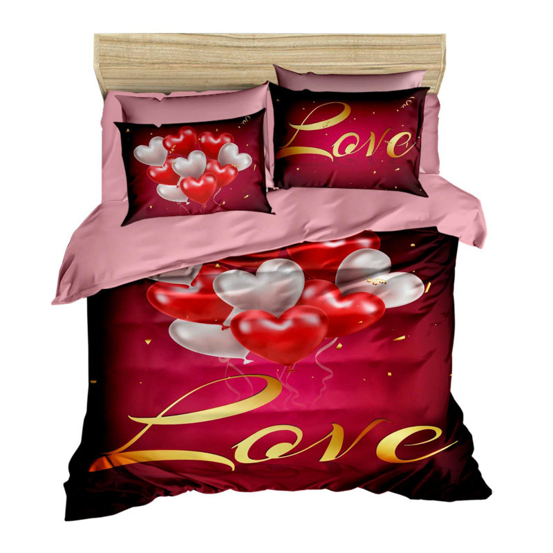 Ensemble de housse de couette très grand luxe, 100% polyester de polyester et coton, 102,4 x 86,6 pouces | Imprimé en 3D, fermeture à glissière, 2 taies d'oreiller de 19,7 po x 31,5 po | Élégant rouge, rose, doré et blanc, lavable à la machine