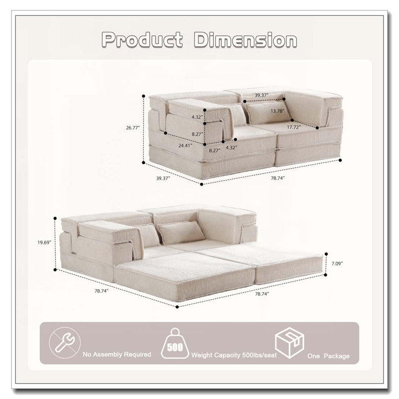 Canapé à compression Mahjong, canapé-lit convertible au sol, canapé modulaire modulaire désossé DIY, aucun assemblage requis, tissu polaire circulaire, surdimensionné à 3 places avec 3 coussins