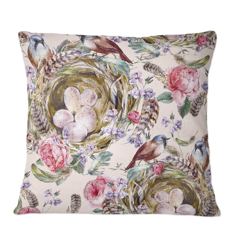 Coussin décoratif à motif rétro avec nids d'oiseaux roses et plumes, 18 po x 18 po